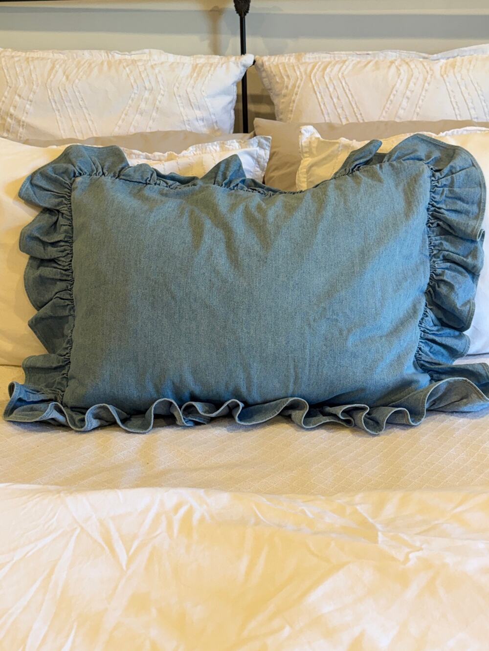 Vtg Ralph Lauren Blue Cotton Denim Standard Pillow Sham Ruffle Chambray Cottage